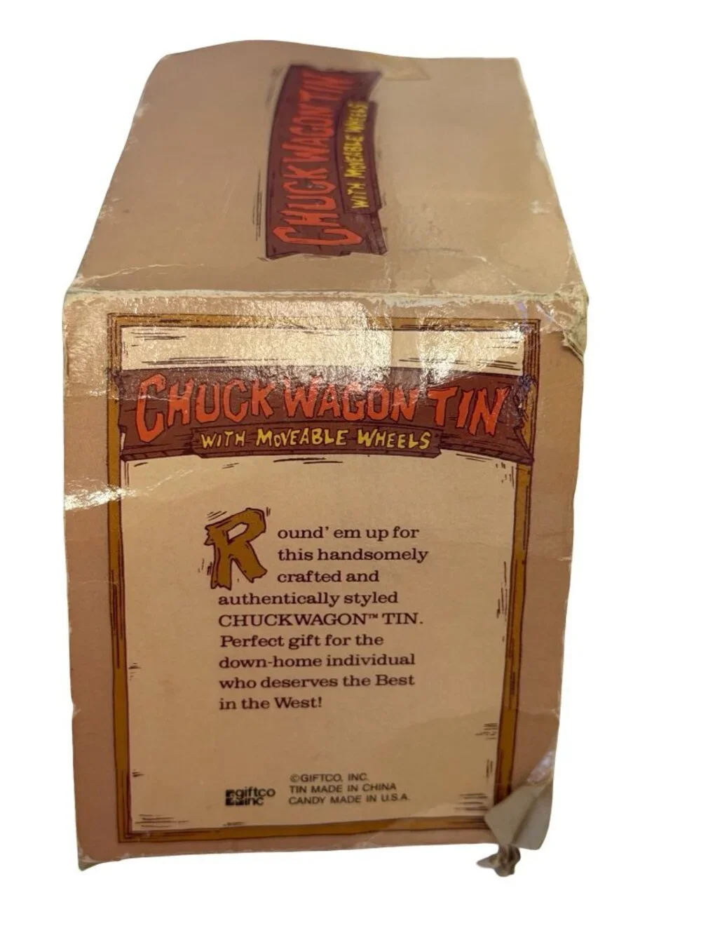 Vintage Giftco Chuck Wagon Tin With Moveable Wheels Western Covered Wagon Candy